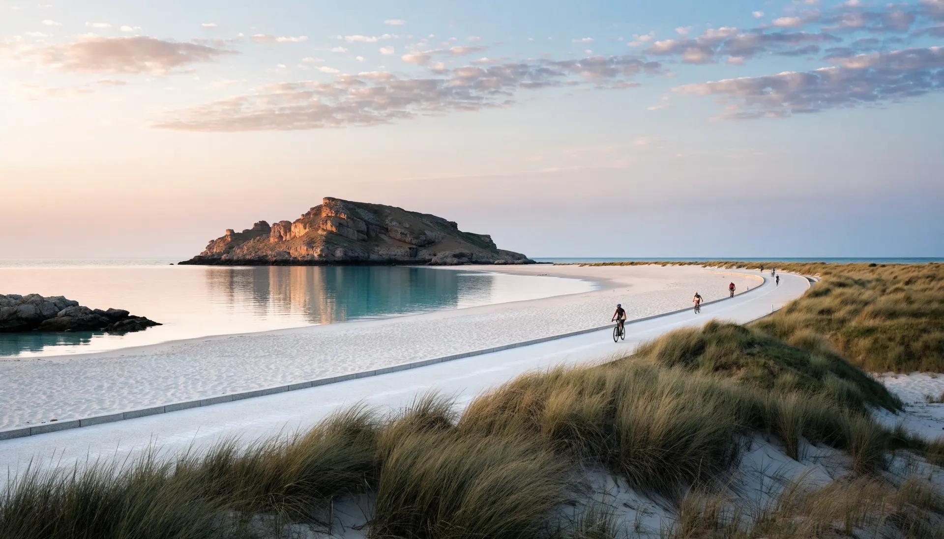 Cycling boardwalk along the island coastline at dawn