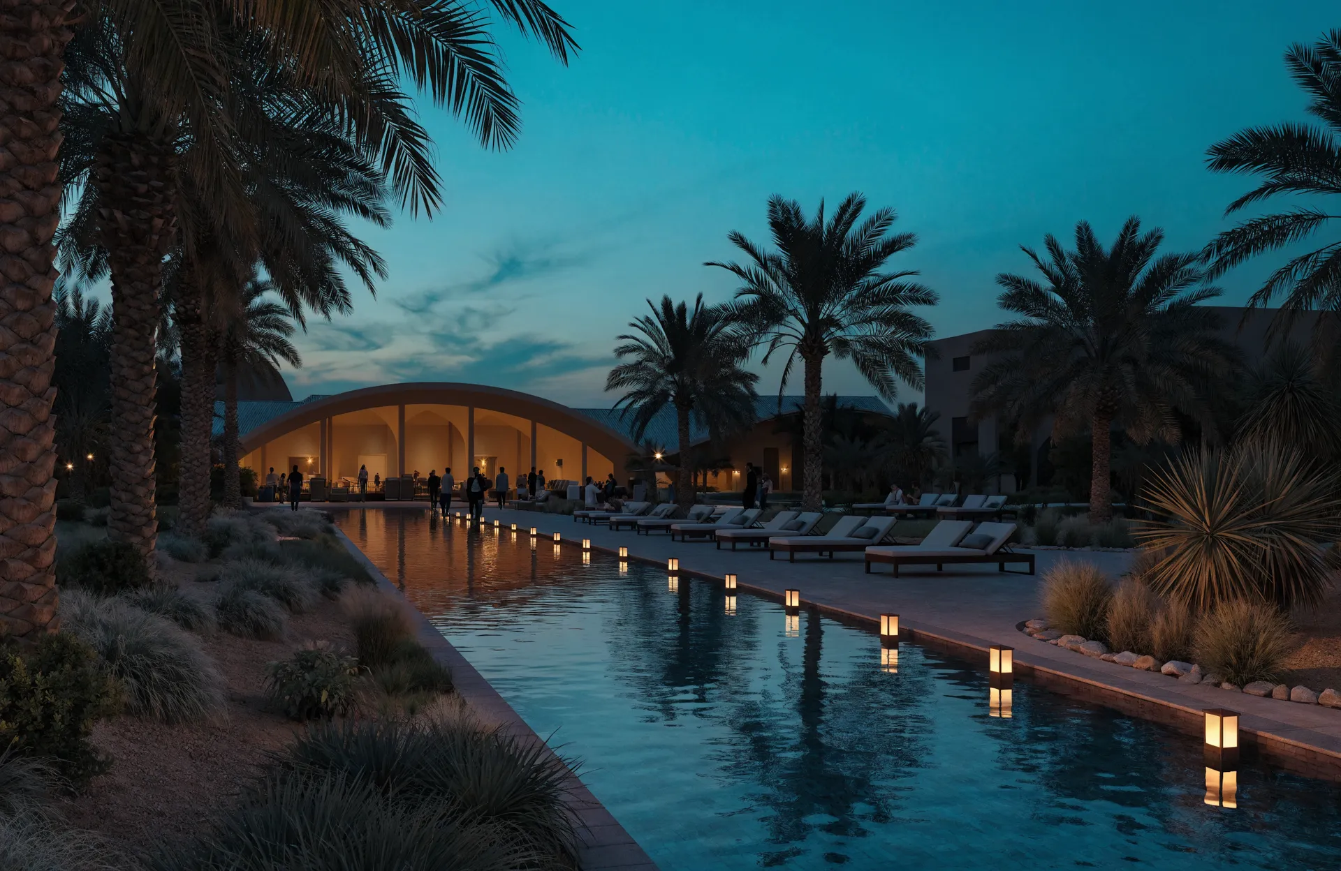 Community infinity pool and clubhouse in the evening